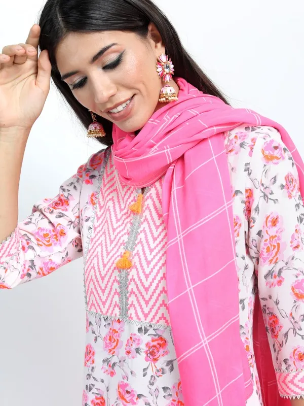 Vishudh Women Off White Floral Printed Straight Kurta with Palazzo & Dupatta