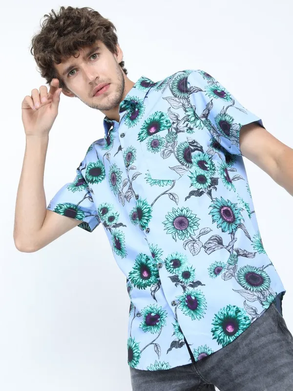  Locomotive Men Blue Printed Slim Fit Casual Shirts