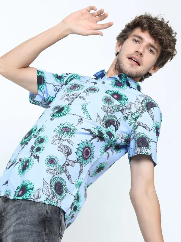  Locomotive Men Blue Printed Slim Fit Casual Shirts