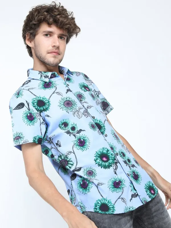  Locomotive Men Blue Printed Slim Fit Casual Shirts