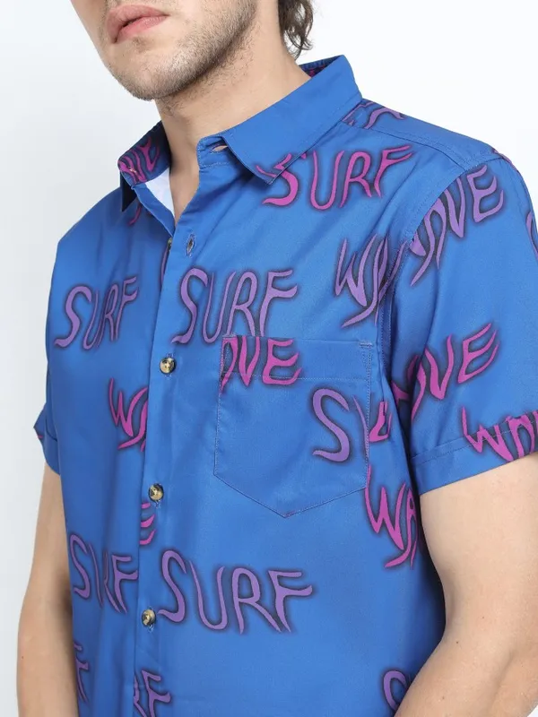  Locomotive Men Blue Printed Slim Fit Casual Shirts