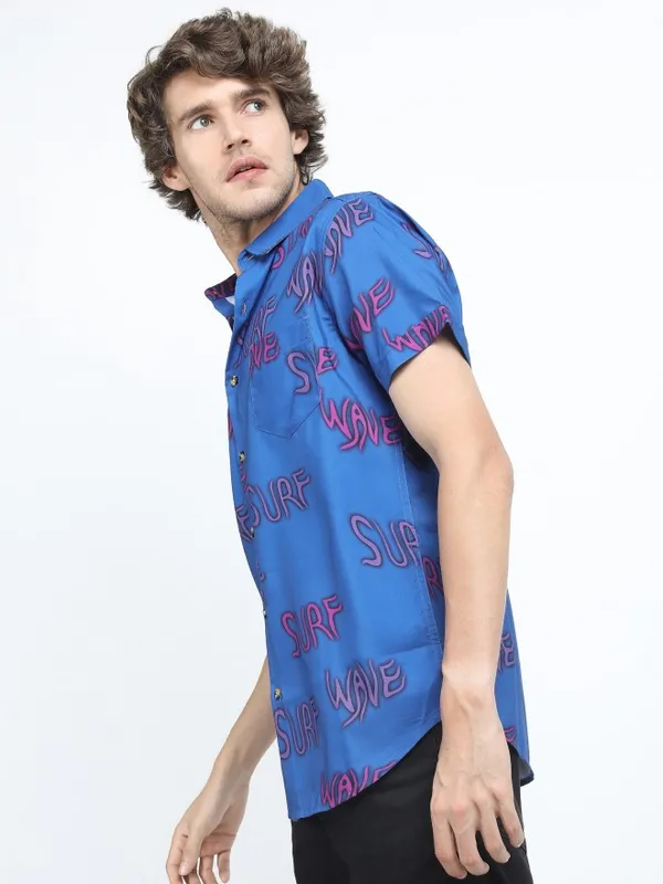  Locomotive Men Blue Printed Slim Fit Casual Shirts