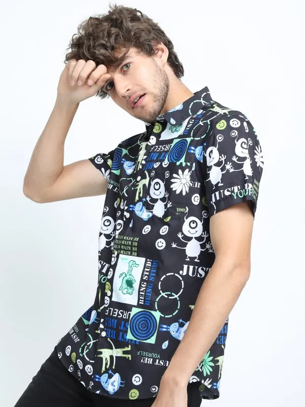 Locomotive Men Black Printed Slim Fit Casual Shirts