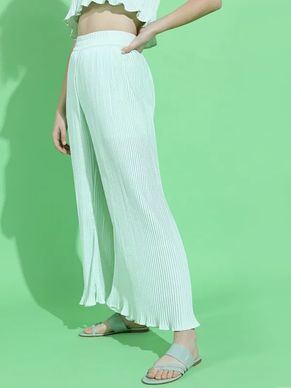  Tokyo Talkies Women Green Solid Flared Casual Trousers