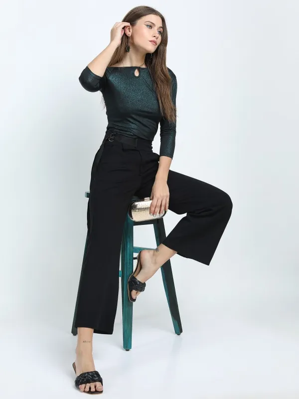  Tokyo Talkies Women Black Solid Flared Casual Trousers