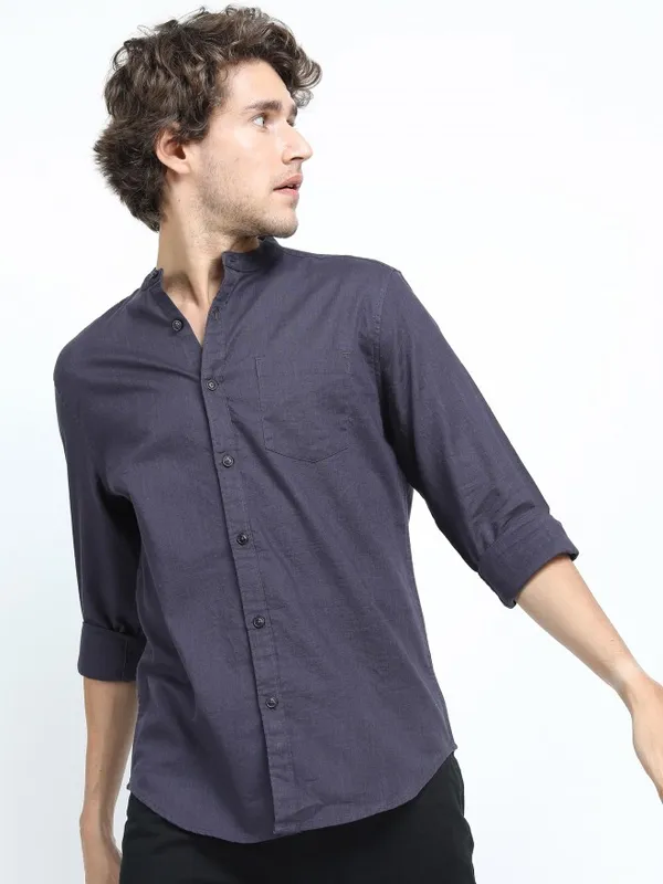  Ketch Men Grey Solid Slim Fit Casual Shirts