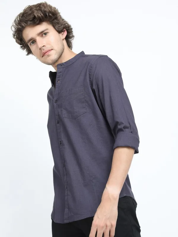  Ketch Men Grey Solid Slim Fit Casual Shirts