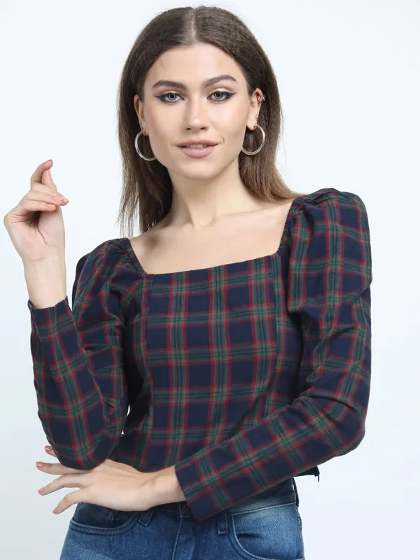  Tokyo Talkies Women Navy Blue Checked Regular Tops