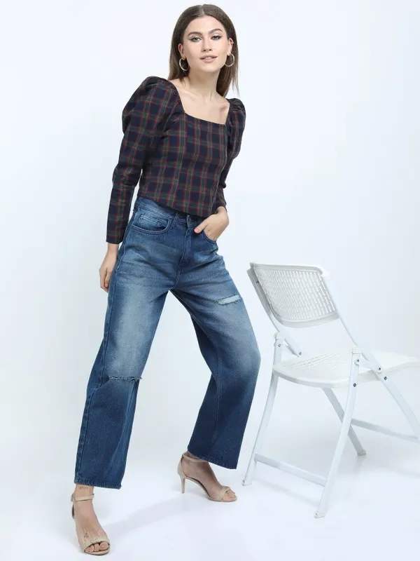  Tokyo Talkies Women Navy Blue Checked Regular Tops