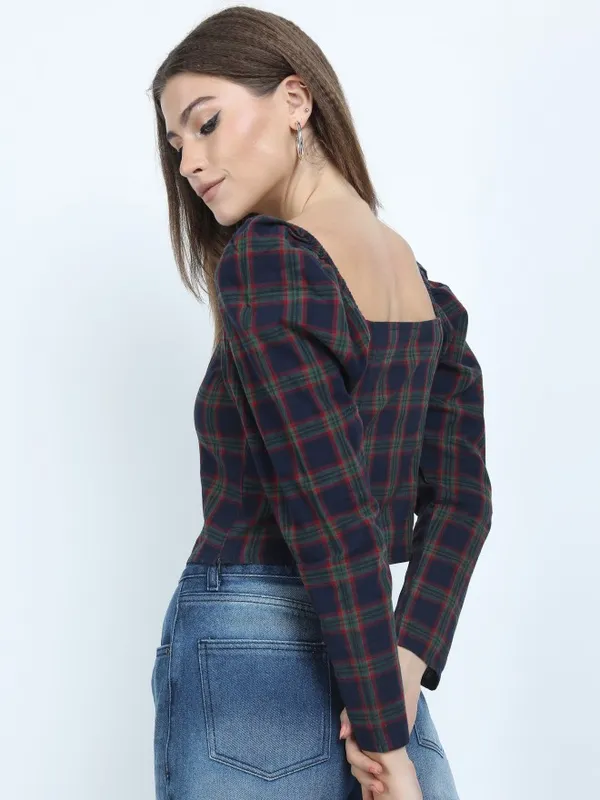  Tokyo Talkies Women Navy Blue Checked Regular Tops