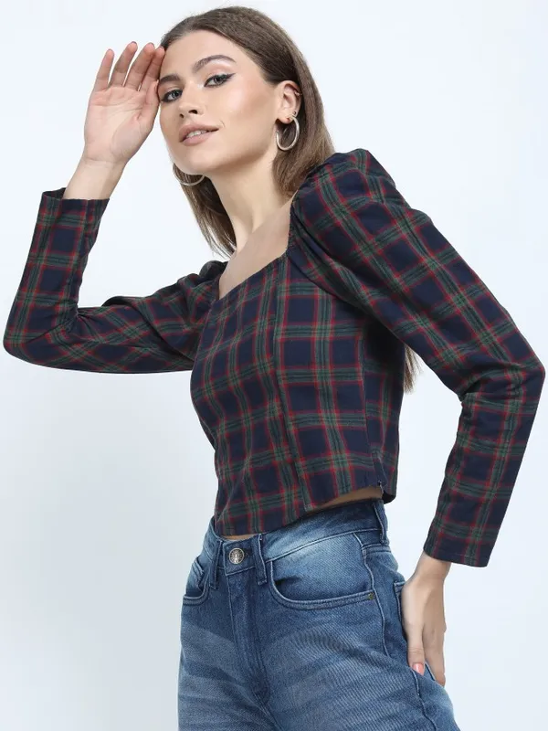  Tokyo Talkies Women Navy Blue Checked Regular Tops