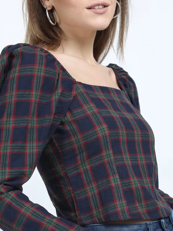  Tokyo Talkies Women Navy Blue Checked Regular Tops