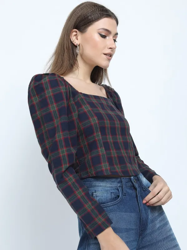  Tokyo Talkies Women Navy Blue Checked Regular Tops