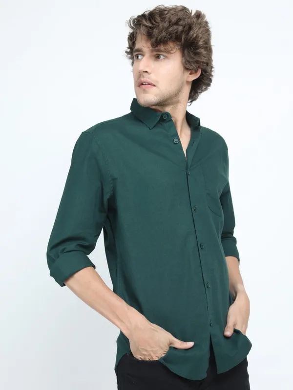  Ketch Men Green Solid Slim Fit Casual Shirts