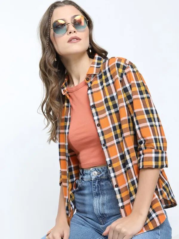  Tokyo Talkies Women Terracotta Checked Casual Shirts