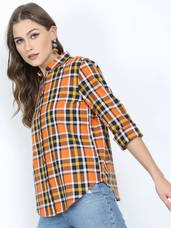  Tokyo Talkies Women Terracotta Checked Casual Shirts