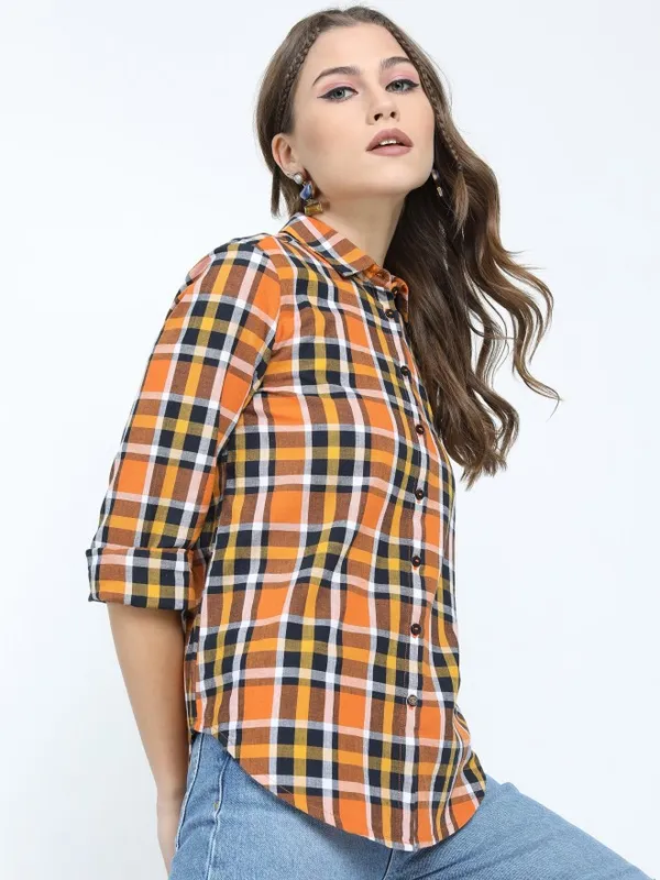  Tokyo Talkies Women Terracotta Checked Casual Shirts