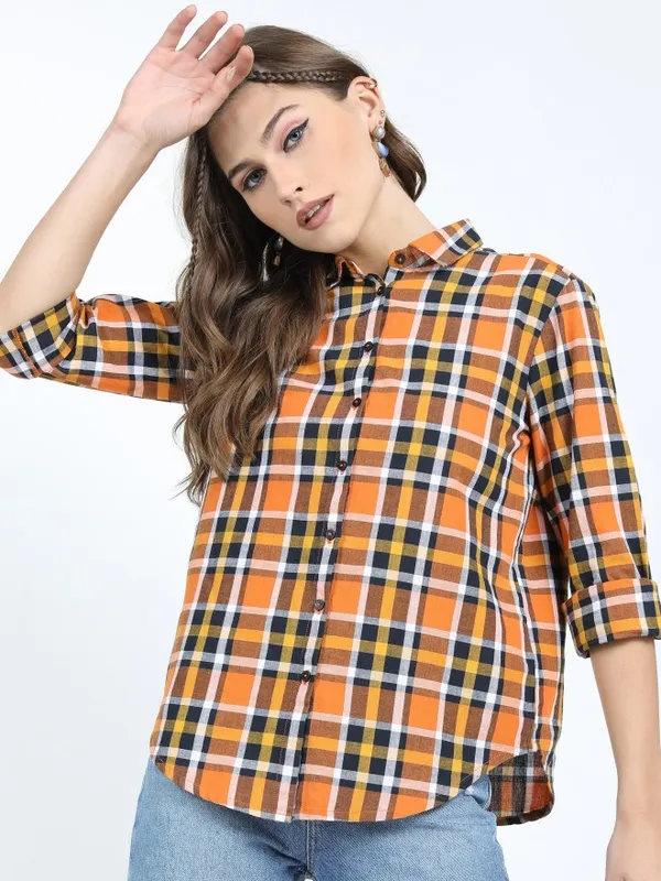  Tokyo Talkies Women Terracotta Checked Casual Shirts