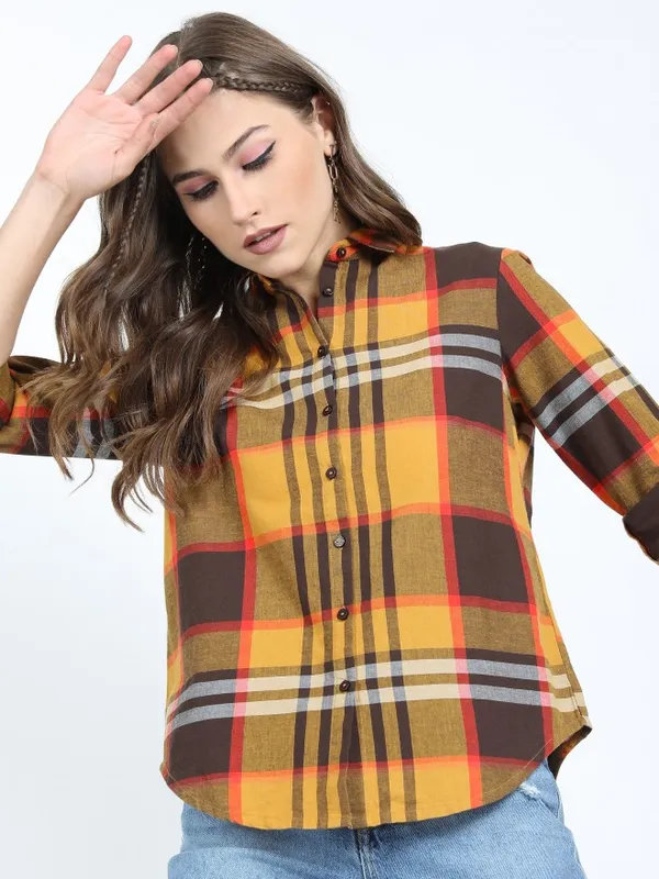  Tokyo Talkies Women Mustard Checked Casual Shirts