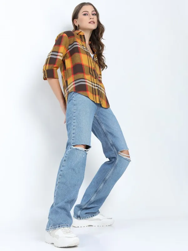  Tokyo Talkies Women Mustard Checked Casual Shirts