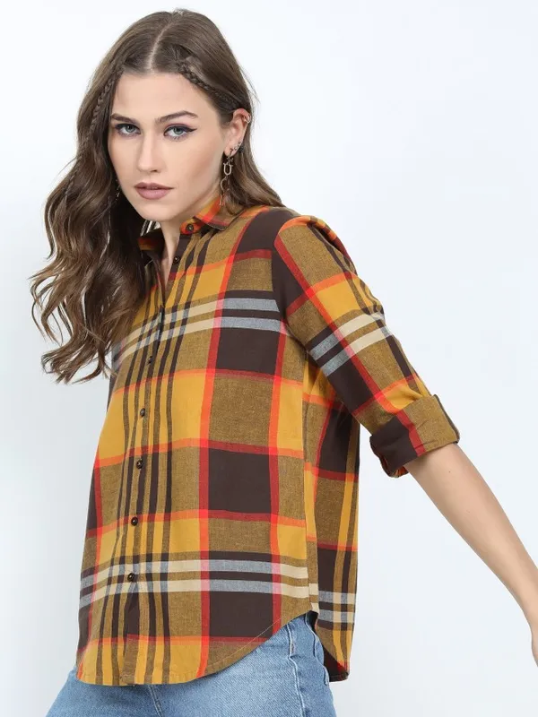  Tokyo Talkies Women Mustard Checked Casual Shirts