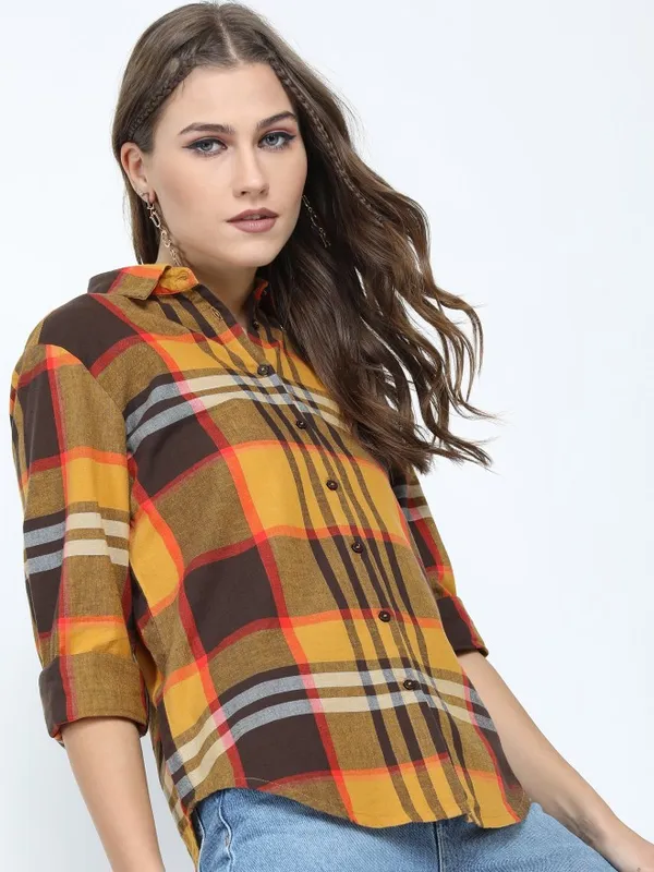  Tokyo Talkies Women Mustard Checked Casual Shirts