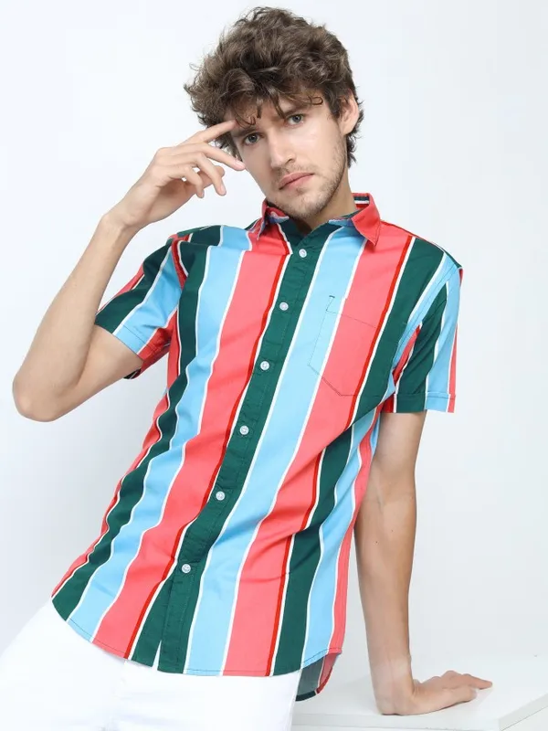  Highlander Men Pink Striped Slim Fit Casual Shirts