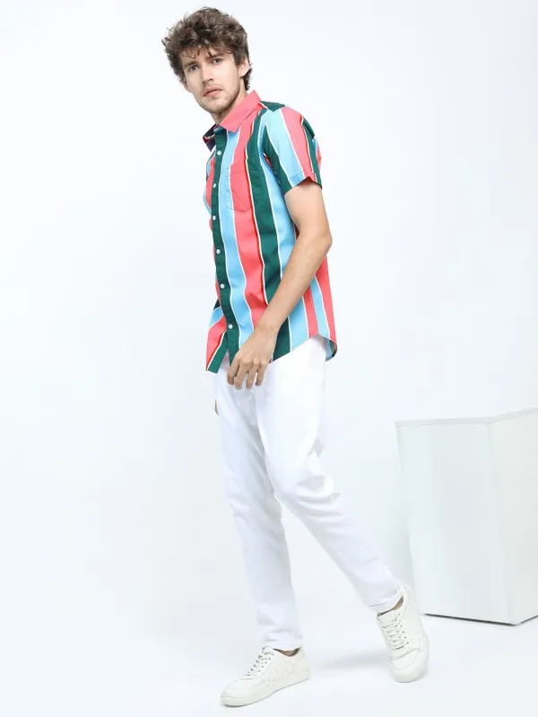  Highlander Men Pink Striped Slim Fit Casual Shirts