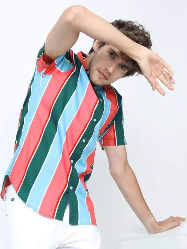  Highlander Men Pink Striped Slim Fit Casual Shirts