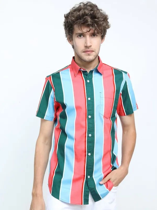  Highlander Men Pink Striped Slim Fit Casual Shirts
