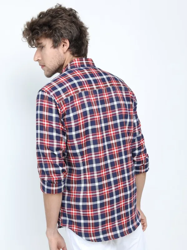  Ketch Men Navy Blue Checked Slim Fit Casual Shirts