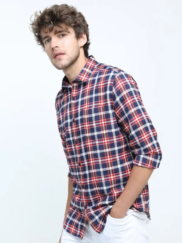  Ketch Men Navy Blue Checked Slim Fit Casual Shirts