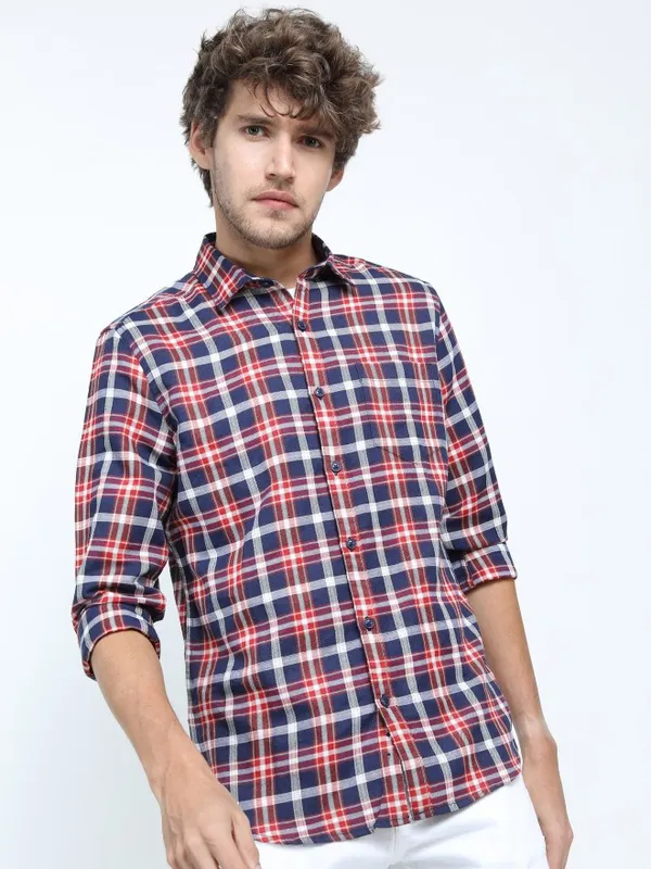  Ketch Men Navy Blue Checked Slim Fit Casual Shirts