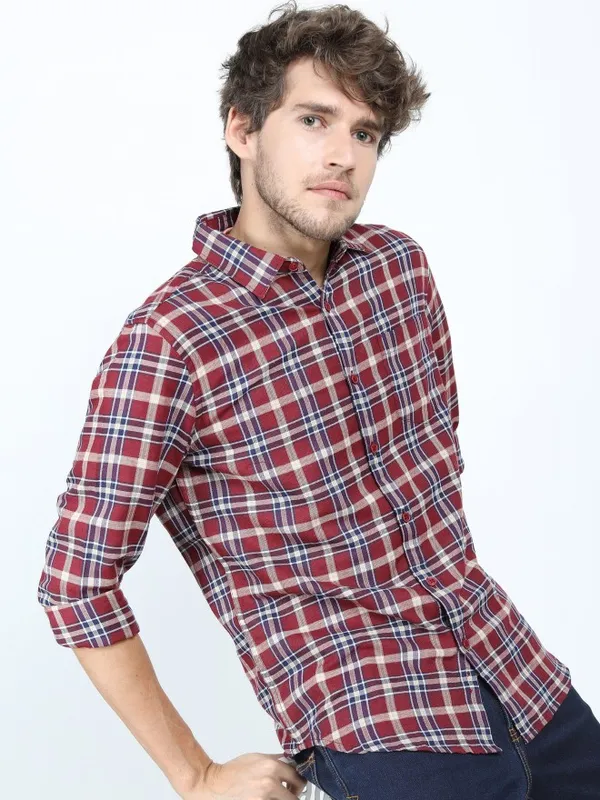  Ketch Men Maroon Checked Slim Fit Casual Shirts