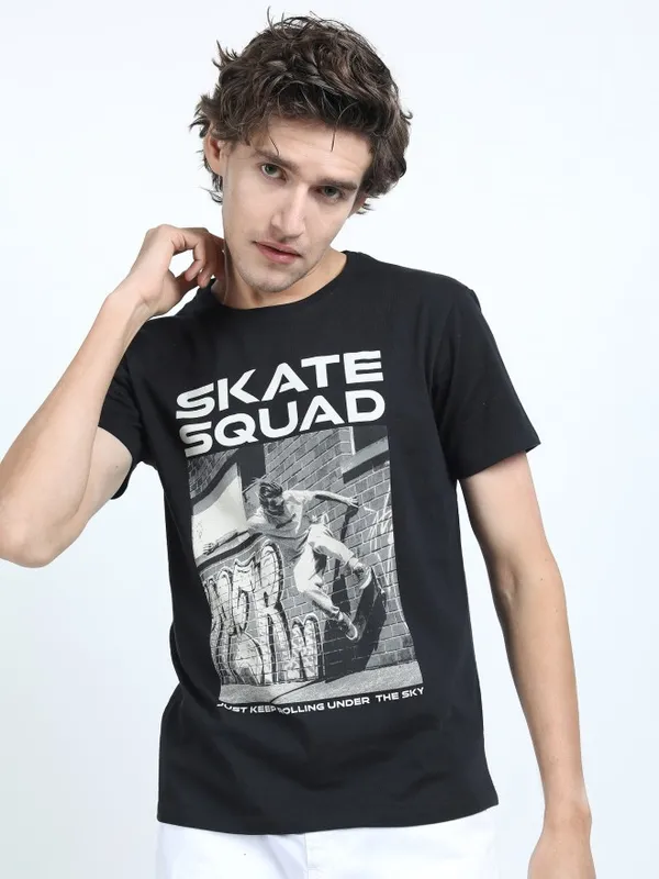  Highlander Men Black Printed Round Neck T-Shirts