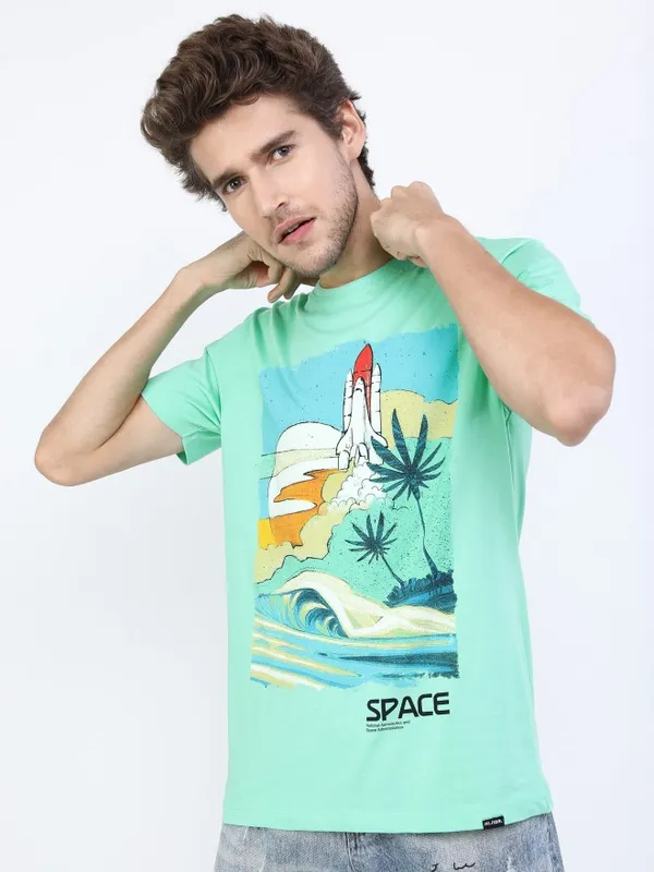  Highlander Men Green Printed Round Neck T-Shirts