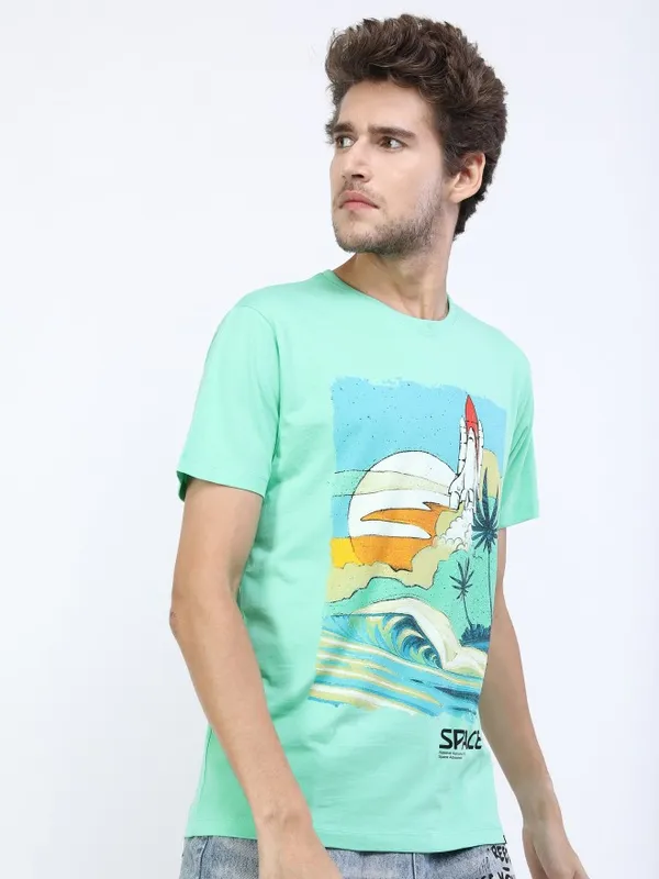  Highlander Men Green Printed Round Neck T-Shirts