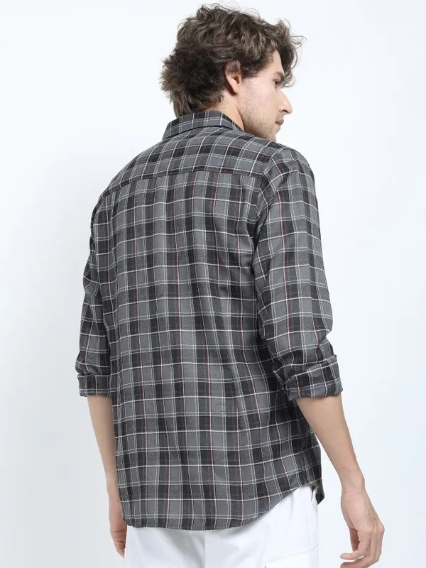  Ketch Men Grey Checked Slim Fit Casual Shirts