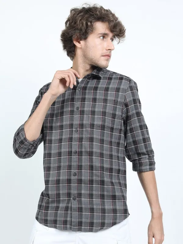  Ketch Men Grey Checked Slim Fit Casual Shirts