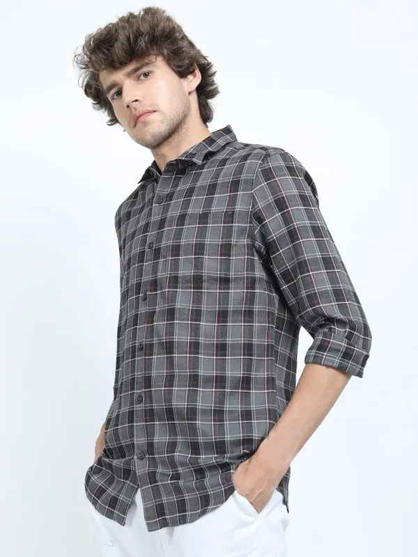  Ketch Men Grey Checked Slim Fit Casual Shirts