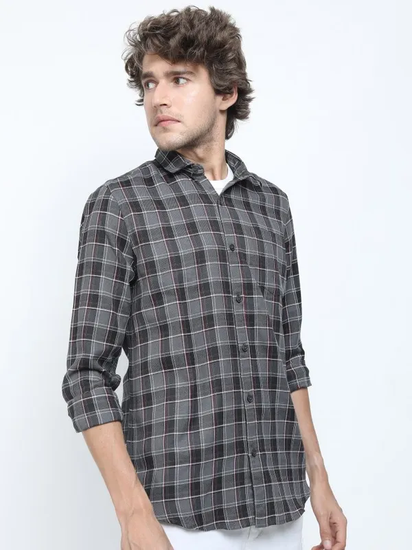  Ketch Men Grey Checked Slim Fit Casual Shirts