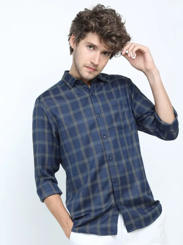  Ketch Men Navy Blue Checked Slim Fit Casual Shirts