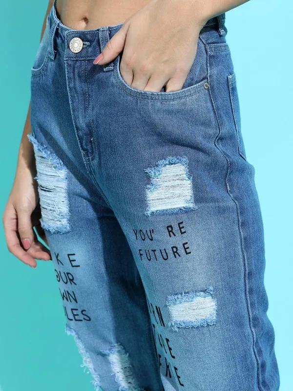  Tokyo Talkies Women Blue Mom Fit Highly Distressed Jeans