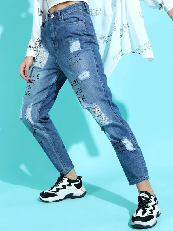  Tokyo Talkies Women Blue Mom Fit Highly Distressed Jeans