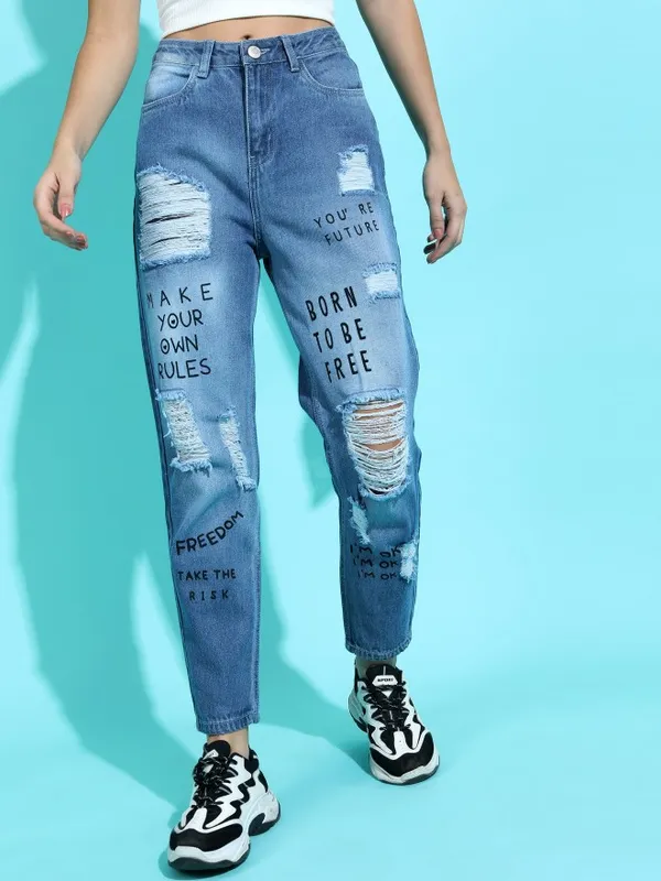  Tokyo Talkies Women Blue Mom Fit Highly Distressed Jeans