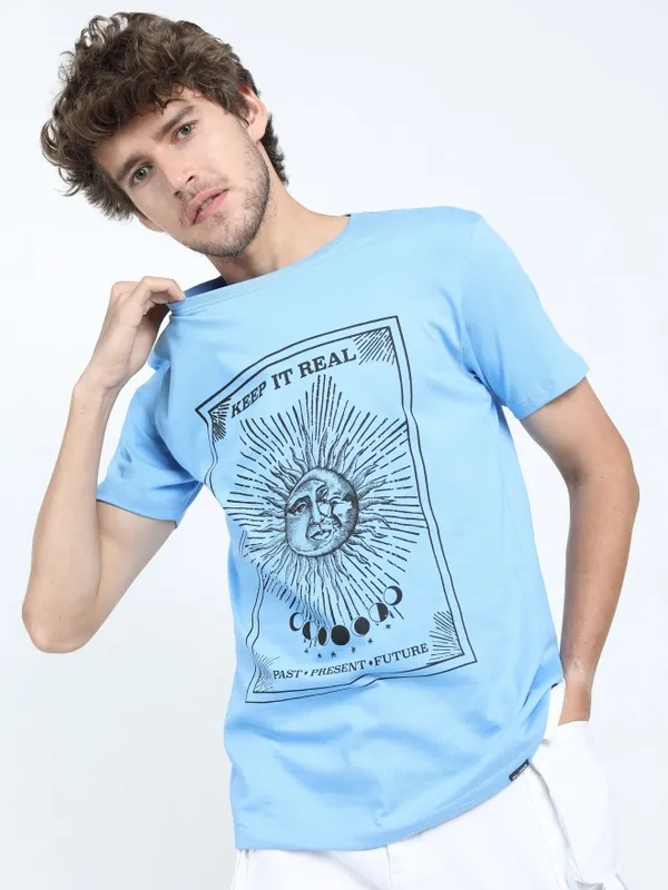  Highlander Men Blue Printed Round Neck T-Shirts