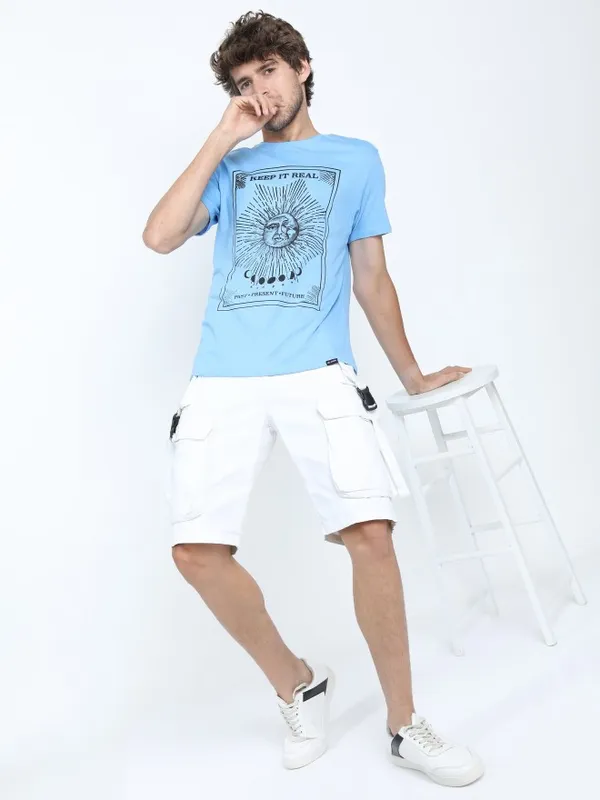  Highlander Men Blue Printed Round Neck T-Shirts