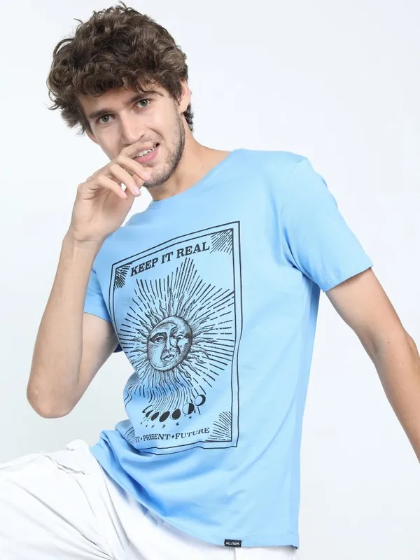  Highlander Men Blue Printed Round Neck T-Shirts