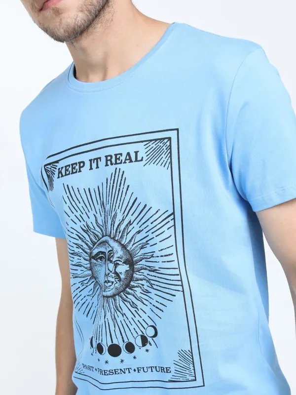  Highlander Men Blue Printed Round Neck T-Shirts