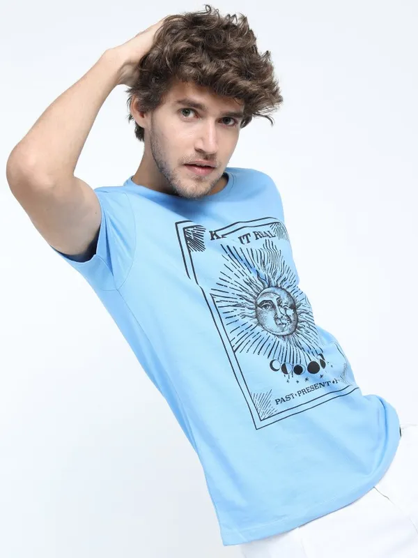  Highlander Men Blue Printed Round Neck T-Shirts